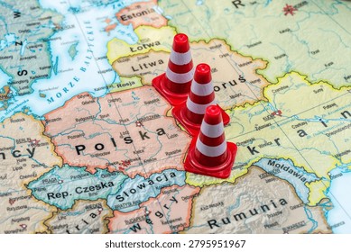 Concept of closed Polish eastern border. Concept of defence wall on Polish border. Polish language map