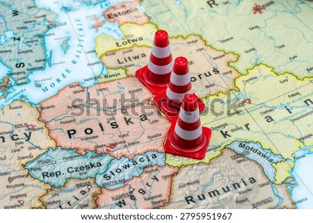 Concept of closed Polish eastern border. Concept of defence wall on Polish border. Polish language map
