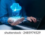 Concept cloud computing with data streams transferring, symbolizing cloud technology and data management. Ideal for tech and IT themes.