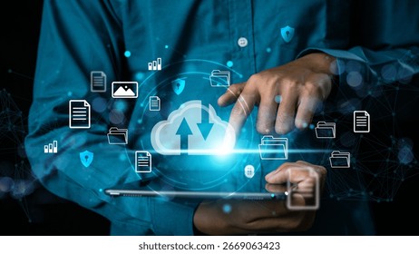 The concept of cloud file storage and backup, Cloud based file storage and secure data backup solution with encrypted privacy protection. representing secure data storage, cybersecurity