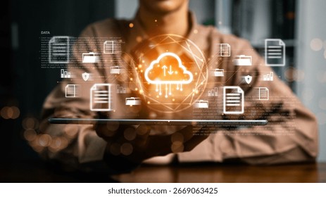 The concept of cloud file storage and backup, Cloud based file storage and secure data backup solution with encrypted privacy protection. representing secure data storage, cybersecurity