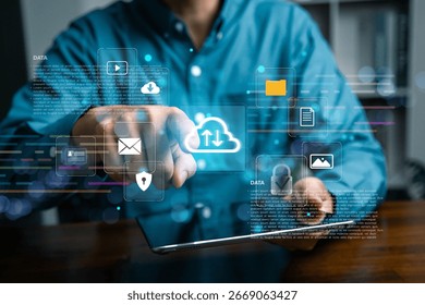 The concept of cloud file storage and backup, Cloud based file storage and secure data backup solution with encrypted privacy protection. representing secure data storage, cybersecurity