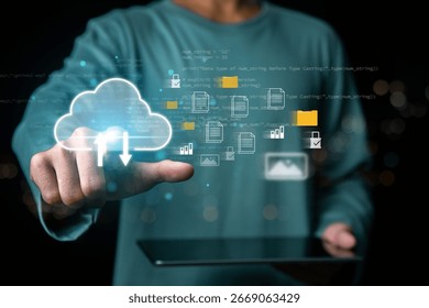 The concept of cloud file storage and backup, Cloud based file storage and secure data backup solution with encrypted privacy protection. representing secure data storage, cybersecurity