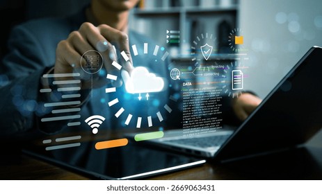 The concept of cloud file storage and backup, Cloud based file storage and secure data backup solution with encrypted privacy protection. representing secure data storage, cybersecurity - Powered by Shutterstock - Get 15% off with code: PIKWIZARD15