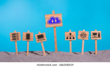 Concept of cloud networking with icons on wooden signs