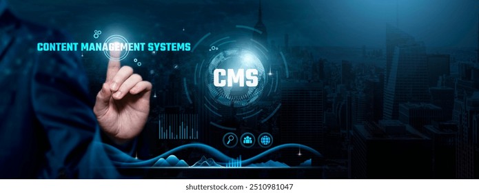 Concept of CMS - Navigating the World of Content Management Systems, Website Management, and SEO Optimization. Blogging. Freelance. Businessman shows the meaning of cms