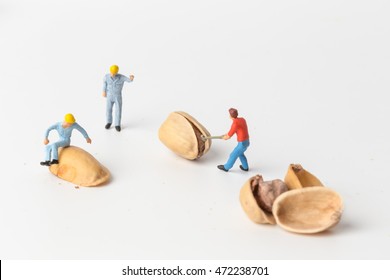 The concept of a collective solution to any problem. Miniature toy workers crash the pistachio nut. Close-up view. - Powered by Shutterstock