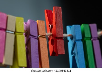 Concept Colored Wooden Clothespins On A Ropeclip Wooden Clothesline Colorful. Hold