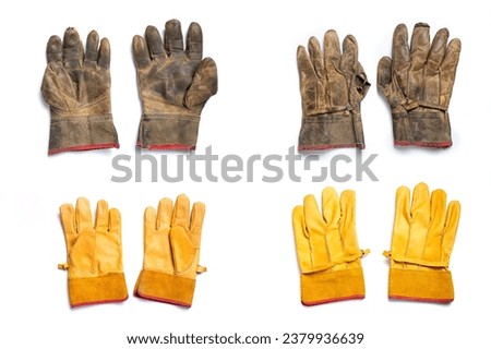 concept of comparison old vs new leather gloves; dirty shabby used versus unworn mitts, isolated on a transparent or white background
