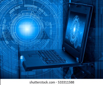 concept of computer server technologies for big data management. Supercomputer terminal  in  center