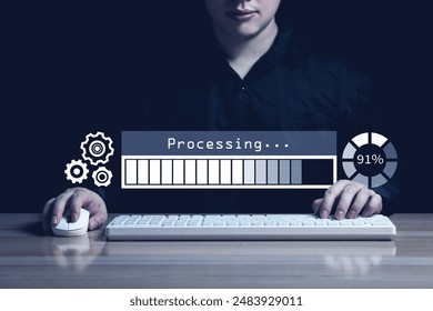Concept of computing and modern technology improvement of the future with new innovations, Virtual screen processing of computer software, and hardware upgrades over internet.