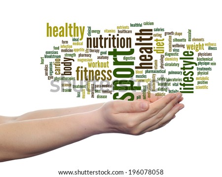 Concept or conceptual abstract word cloud man hand on white background, metaphor to health, nutrition, diet, wellness, body, energy, medical, fitness, medical, gym, medicine, sport, heart or science