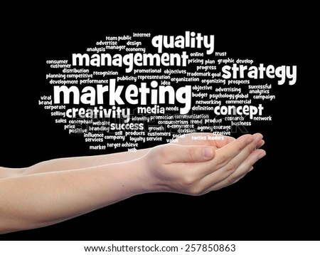 Concept or conceptual abstract word cloud or wordcloud in man or woman hand on black background, metaphor to  business, trend, media, focus, market, value, product, advertising, customer or  corporate
