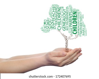 Concept Or Conceptual Green Text Word Cloud Or Tagcloud As A Tree On Man Or Woman Hand Isolated On White Background, Metaphor To Child, Family, Education, Home, Love And School Learn Or Achievement