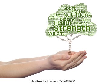 Concept Or Conceptual Green Text Word Cloud Or Tagcloud As Tree In Man Or Woman Hand Isolated On White Background, Metaphor To Health, Nutrition, Diet, Body, Energy, Medical, Sport, Heart Or Science