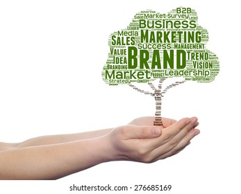Concept or conceptual green tree media word cloud tagcloud in man or woman hand isolated on white background metaphor to business, trend, media, focus, market, value, product, advertising, leadership