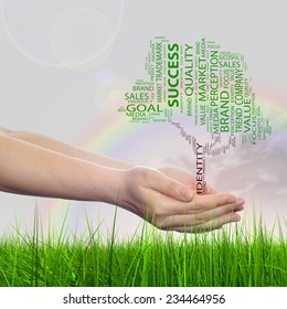 Concept conceptual green tree word cloud tagcloud in man or woman hand on rainbow sky grass background metaphor to business, trend, media, focus, market, value, product, advertising, sale or corporate