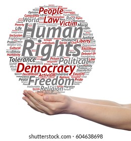 Concept Or Conceptual Human Rights Political Freedom Or Democracy Circle Word Cloud In Hand Isolated On Background Metaphor To Humanity World Tolerance, Law Principles, People Justice Discrimination