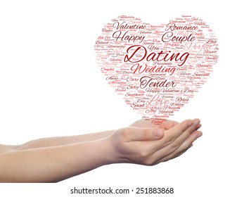Concept or conceptual red wordcloud text in shape of heart symbol in hands isolated on white background, metaphor to love, romance, passion, romantic, emotion, marriage, valentine, desire or affection