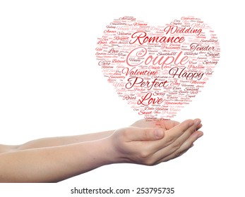 Concept or conceptual red wordcloud text in shape of heart symbol in hands isolated on white background, metaphor to love, romance, passion, romantic, emotion, marriage, valentine, desire or affection
