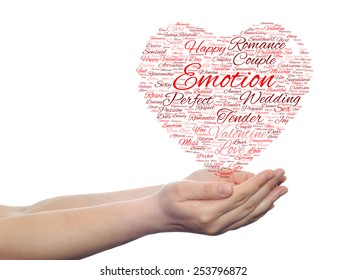 Concept or conceptual red wordcloud text in shape of heart symbol in hands isolated on white background, metaphor to love, romance, passion, romantic, emotion, marriage, valentine, desire or affection