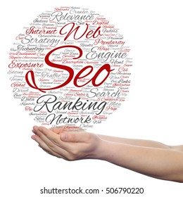 Concept or conceptual search engine optimization, seo abstract word cloud in hand isolated on background metaphor to marketing, web, internet, strategy, online, rank, result,  network, top, relevance