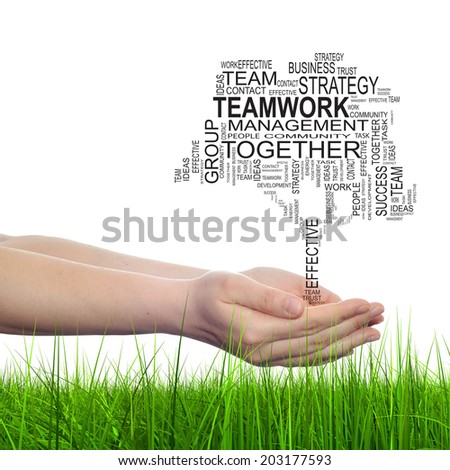 Concept conceptual text word cloud on man hand, tagcloud isolated on white background and grass, metaphor to business, team, teamwork, management, effective, success, communication, company or group