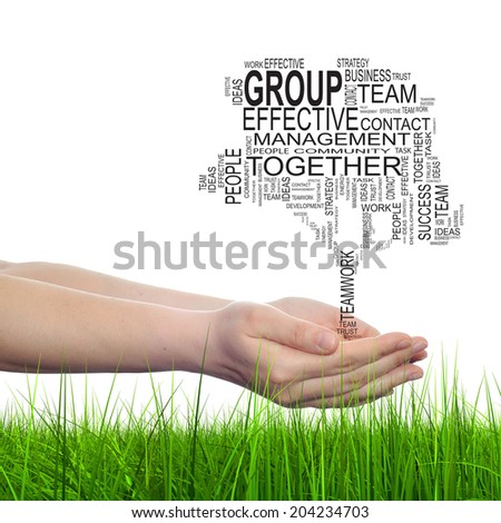 Concept conceptual text word cloud on man hand, tagcloud isolated on white background and grass, metaphor to business, team, teamwork, management, effective, success, communication, company or group