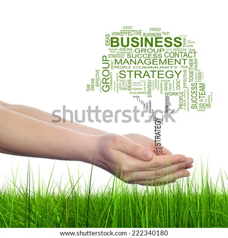 Concept conceptual text word cloud on man hand, tagcloud isolated on white background and grass, metaphor to business, team, teamwork, management, effective, success, communication, company or group