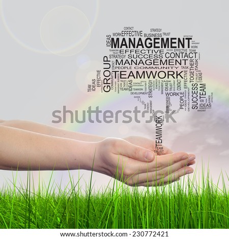 Concept conceptual text word cloud on man hand, tagcloud on rainbow sky background and grass, metaphor to business, team, teamwork, management, effective, success, communication, company or group