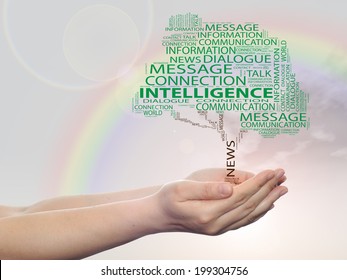 Concept or conceptual tree word cloud in man or woman hand on rainbow sky  background, metaphor to communication, speech, message, mail, relation, dialog, talk, contact, stair, climb, email, internet