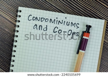 Concept of Condominiums and Co-Ops write on a book isolated on Wooden Table.