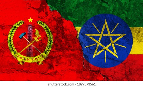 Concept Of A Conflict Between The Government Of Ethiopia And The Tigray People’s Liberation Front (TPLF)  With Painted Flags On A Wall With A Crack