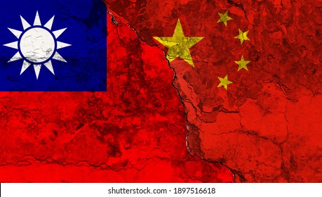 Concept Of A Conflict Between The Peoples Republik Of China And The Republic Of China (Taiwan) With Painted Flags On A Wall With A Crack