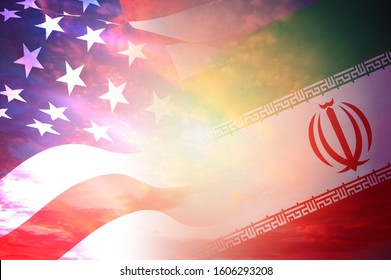 Concept Of Conflict Between USA And Iran War / US America And Iran Flags On Red Cloud Sky Sunset Background 