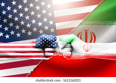 Concept Of Conflict Between USA And Iran War / US America And Iran Flags On Red Cloud Sky Sunset Background