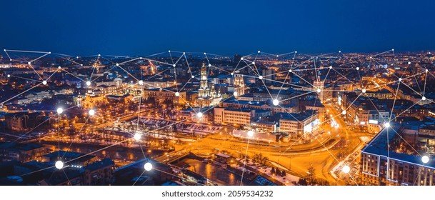 Concept Of Connection And Next Generation Network 5G On The Big Night City Background. Design Of Modern Mobile And Communication Technologies. People Networking