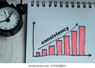 Concept of consistency write on book isolated on Wooden Table. Representing increasing business graph