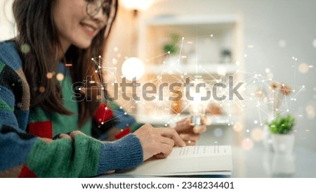 The concept of continuous learning and development. Women read books to enhance their thinking and imagination intelligence. Holding a bright light bulb there are connected polygons on the background.