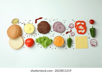 Concept Of Cooking Burger On White Background, Top View
