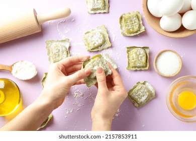 Concept Of Cooking Ravioli On Violet Background