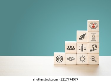 Concept Of Core Values, Corporate Values About Business, Customers, People, And Company Growth. The Actions Of The Firm Are Guided By Principles. Icon Of Core Values On A Flat Wood Cube.