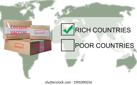 Concept For Corovavirus Vaccine. The Vaccine Is Sent To Rich Countries Only. Illustration Of Covid Vaccine Price, Shortage Of Vaccines, Purchasing Power, Access Inequality And Financial Advantage