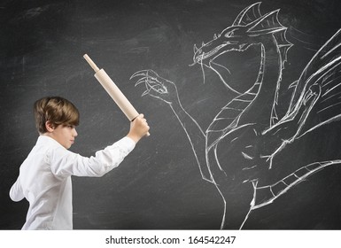 Concept of courage with brave boy fighting a dragon