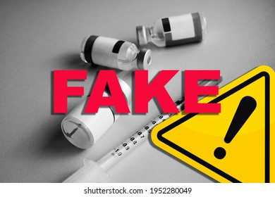 Concept Of Covid Vaccines Fake News And Hoax. False Information. Danger Sign. Spread Of Lies Around Laboratories And Vaccines For Coronavirus. Speculation And Misinformation About Medical Solutions. 