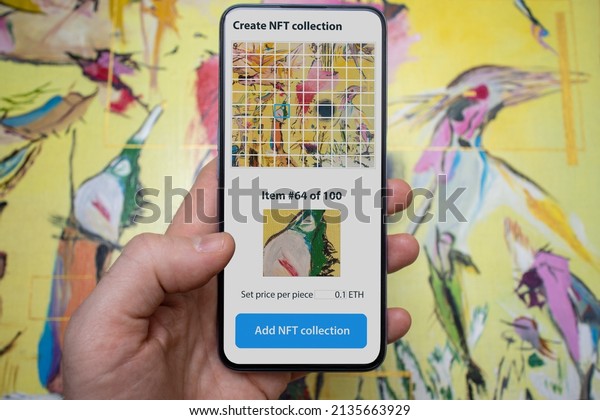 The concept of\
creating a digital art collection from a real painting divided into\
100 pieces . Create of a collectibles Non Fungible Tokens for sale\
on the NFT marketplace