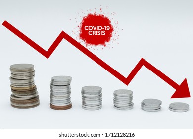 Concept Of The Crisis After Coronavirus Illness. Coins Graph Going Down Meaning The Hard Periods That Are Coming In Business And Finance Domain. Company Loss Concept.