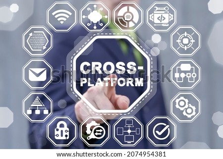 Concept of cross-platform software web development. Cross platform software compatibility website development, coding and testing.