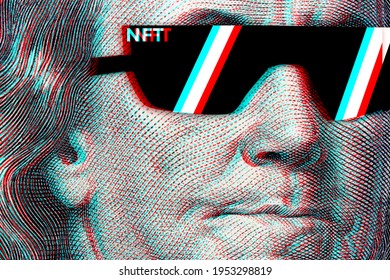 Concept cryptographic nft on a hundred-dollar bill franklin in glasses. - Shutterstock ID 1953298819