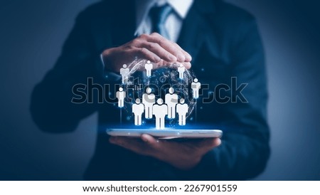 concept of customer relationship management business network structure Customer service, businessman showing person icon and globe on tablet Represents the marketing strategy of organization business.